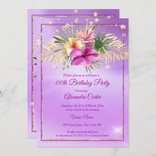 Floral Purple Gold Hibiscus Birthday Party Invitation