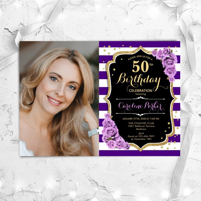Floral Purple Gold Photo 50th Birthday Invitation (Creator Uploaded)