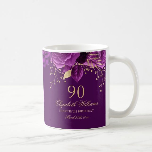 Floral Purple Gold Rose 90th Birthday Coffee Mug (Right)