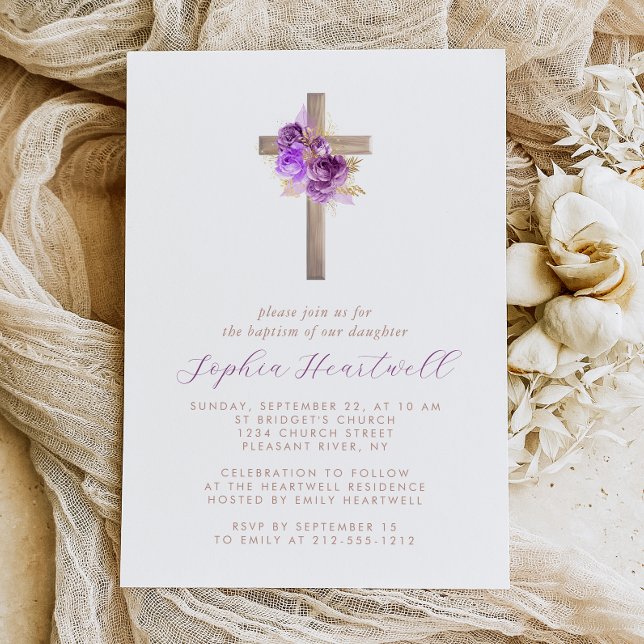Floral Purple Gold Roses Cross Girl Baptism Invitation (Creator Uploaded)