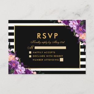 Floral Purple Gold Striped Black RSVP Wedding Card
