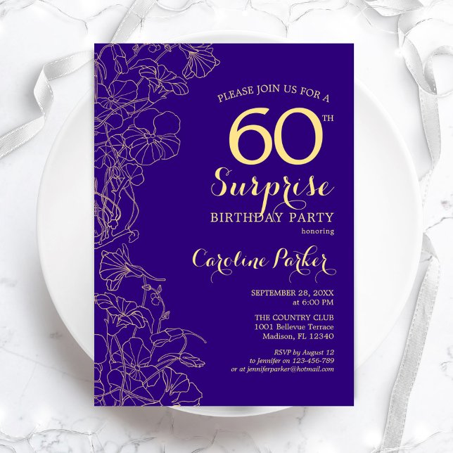 Floral Purple Gold Surprise 60th Birthday Party Invitation (Creator Uploaded)