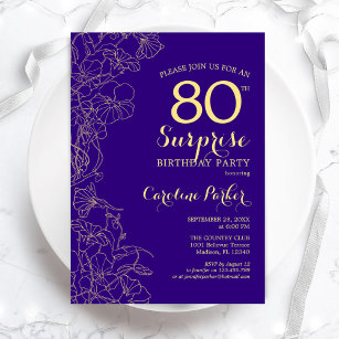 Floral Purple Gold Surprise 80th Birthday Party Invitation