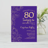 Floral Purple Gold Surprise 80th Birthday Party Invitation (Standing Front)