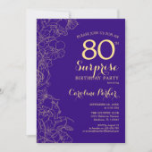 Floral Purple Gold Surprise 80th Birthday Party Invitation (Front)