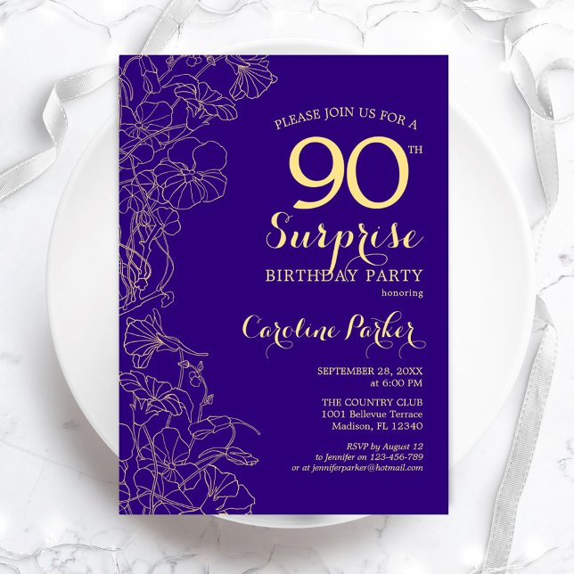 Floral Purple Gold Surprise 90th Birthday Party Invitation (Creator Uploaded)