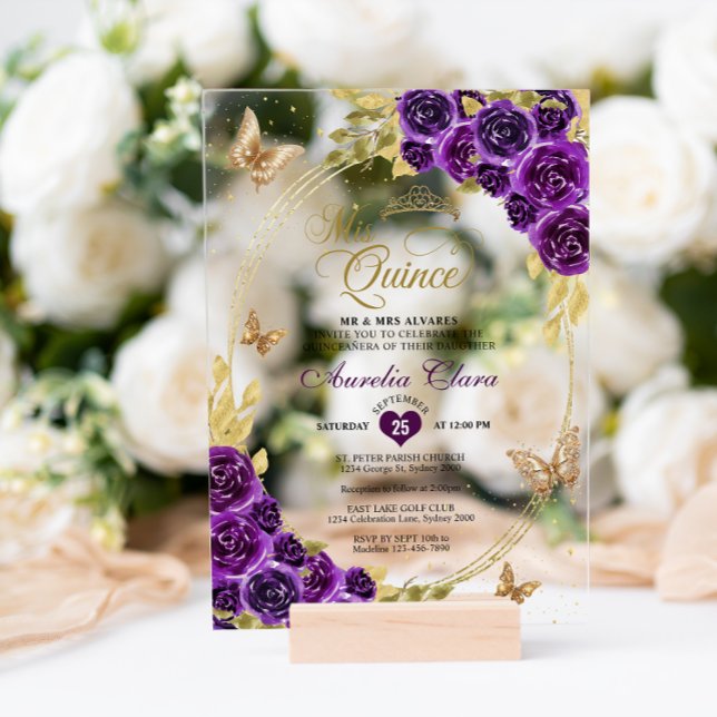 Floral Purple Gold Tiara Butterfly Mis Quinceañera Acrylic Invitations (Creator Uploaded)