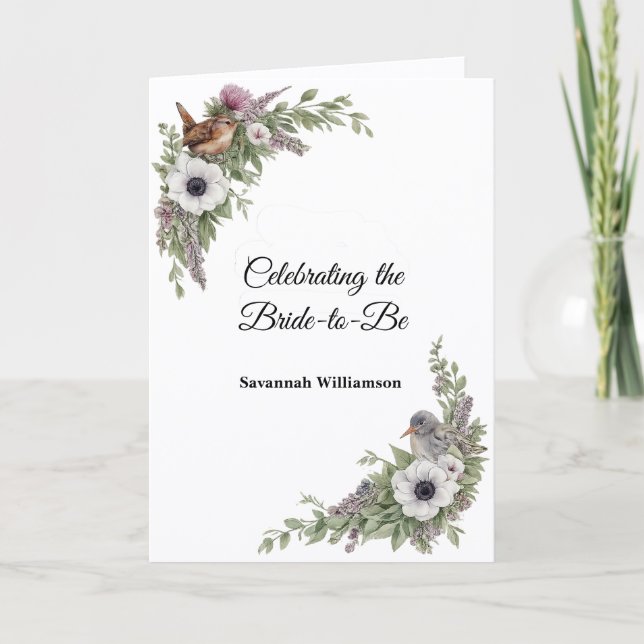 Floral Purple Green Songbirds Bridal Shower Card (Front)