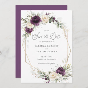 Floral Purple Greenery Gold Wedding Save The Date Invitation