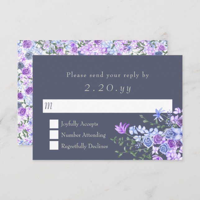 Floral Purple & Grey Calligraphy Wedding RSVP Card (Front/Back)