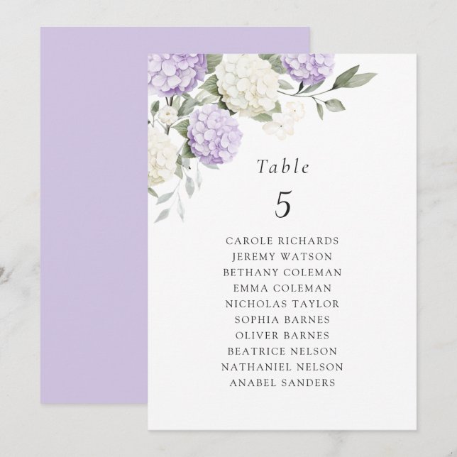 Floral Purple Hydrangea Table Seating Chart Card (Front/Back)