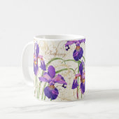 Floral Purple Iris Gold Damask Monogram Name Coffee Mug (Front Left)