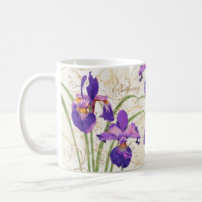 Floral Purple Iris Gold Damask Monogram Name Coffee Mug (Left)