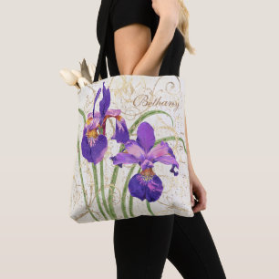 floral Purple Iris Gold Damask Monogram Name Tote Bag