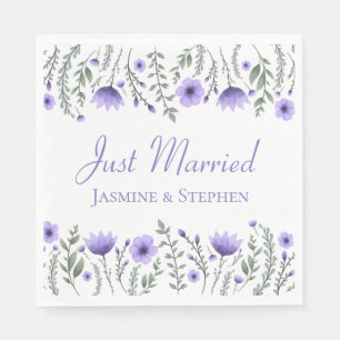 Floral Purple Just Married Wedding Flowers Napkin