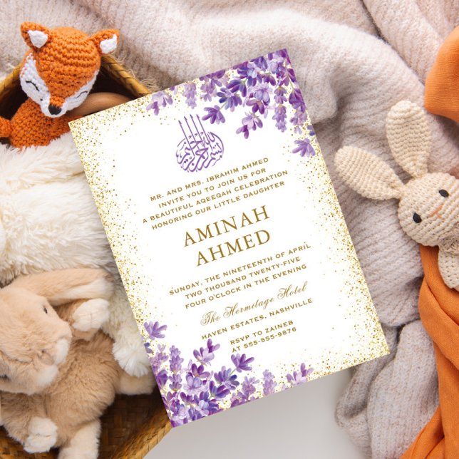 Floral Purple Lavender Islamic Aqiqa Aqeeqa Baby Invitation (Creator Uploaded)
