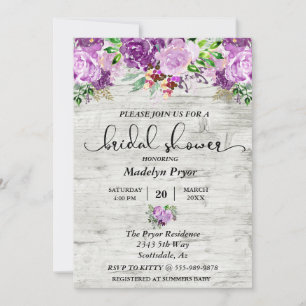 Floral Purple Lavender Wood Rustic Bridal Shower Invitation