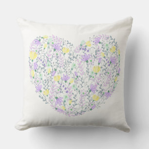 Floral Purple Lavender & Yellow Flowers Heart Love Cushion