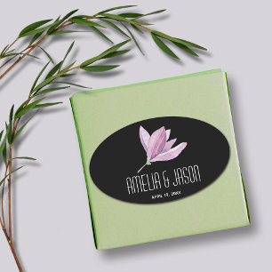 Floral Purple Magnolia on Black Wedding Oval Sticker