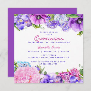 Floral Purple Paisley Modern Quinceañera Invitation