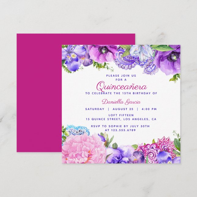 Floral Purple Paisley Modern Quinceañera Invitation (Front/Back)