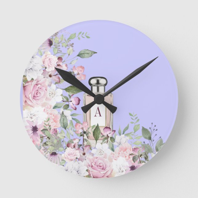Floral Purple Perfume Bottle  Mothers Day Pretty   Round Clock (Front)