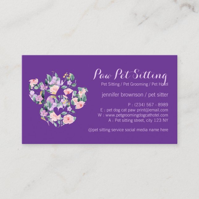 Floral Purple Pet Sitter Groomer Paw Business Card (Front)
