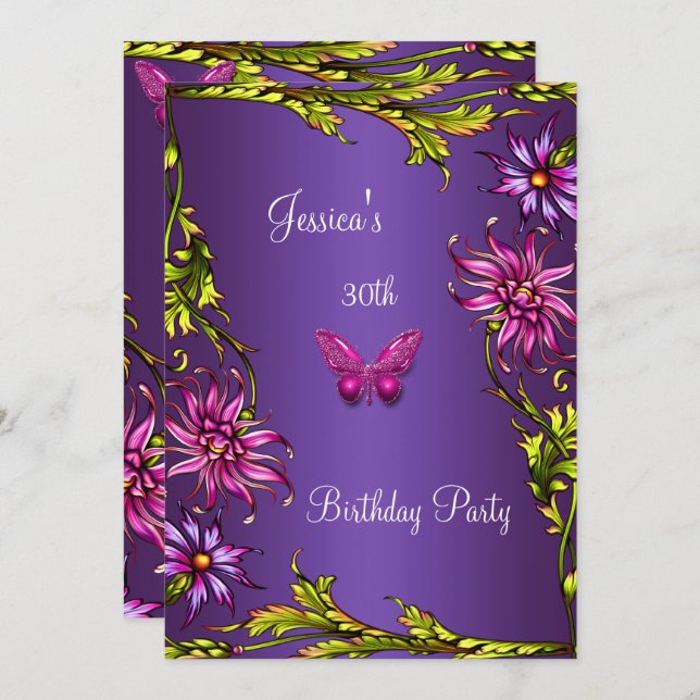 Floral Purple Pink Butterfly 30th Birthday Party 2 Invitation (Front/Back)