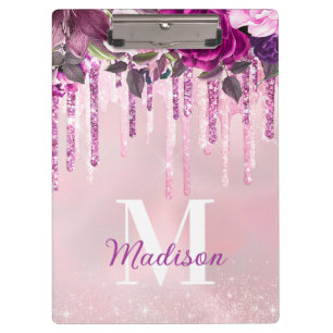 Floral Purple pink dripping glitter monogram Clipboard