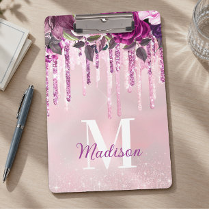 Floral Purple pink dripping glitter monogram Clipboard