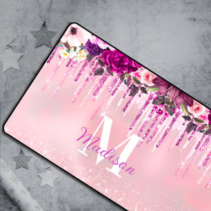 Floral Purple pink dripping glitter monogram Desk Mat