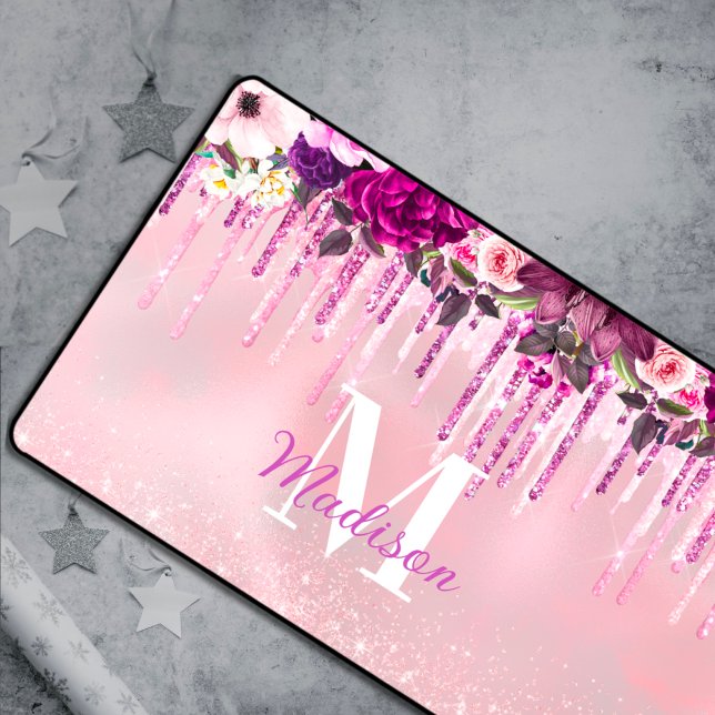 Floral Purple pink dripping glitter monogram Desk Mat (Creator Uploaded)