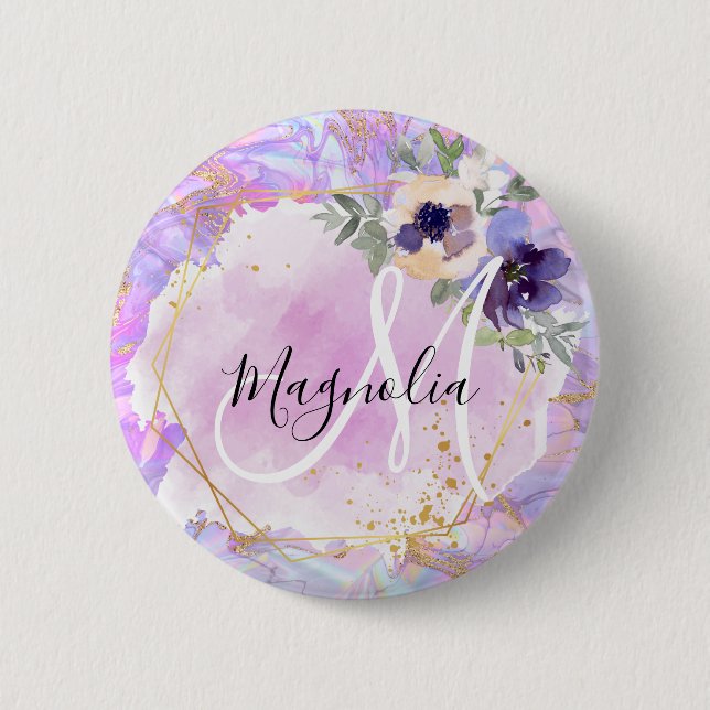 Floral Purple, Pink & Gold Rainbow Marble Monogram 6 Cm Round Badge (Front)