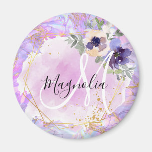 Floral Purple, Pink & Gold Rainbow Marble Monogram Magnet