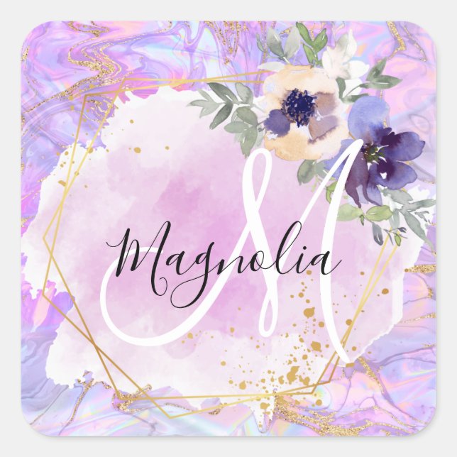 Floral Purple, Pink & Gold Rainbow Marble Monogram Square Sticker (Front)