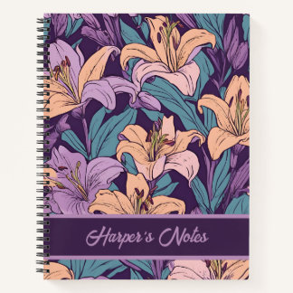 Floral Purple Pink Lily Pattern Personalised Notebook