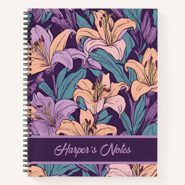 Floral Purple Pink Lily Pattern Personalised  Notebook (Front)