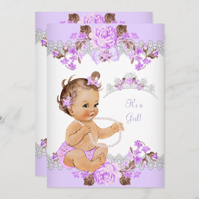 Floral Purple Princess Baby Shower Brunette Girl Invitation (Front/Back)
