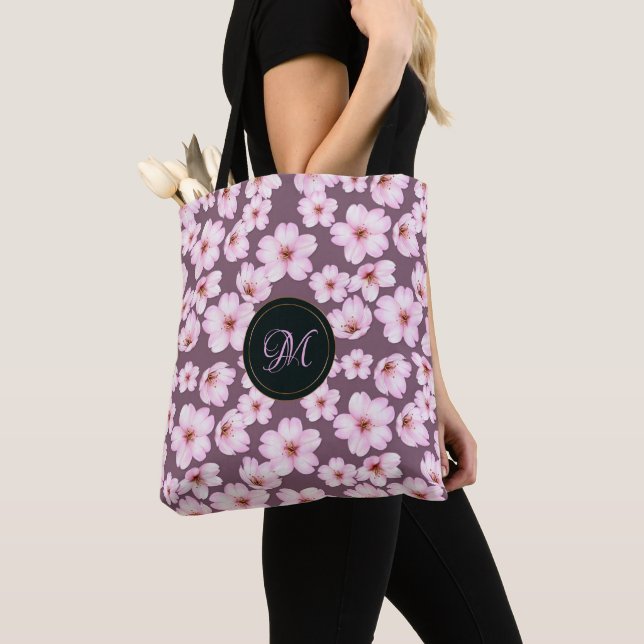 Floral purple retro pattern. Monogram. Tote Bag (Close Up)