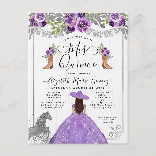 Floral Purple Silver Charra Boot Horse Quinceanera Invitation Postcard (Front)