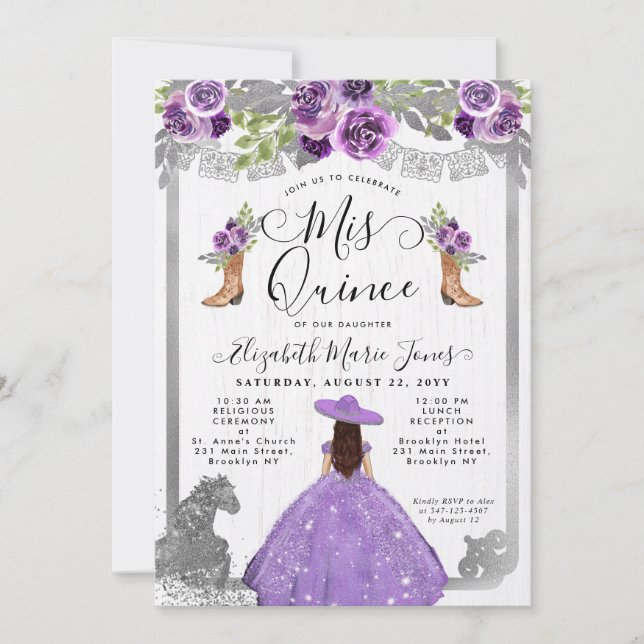 Floral Purple Silver Glam Horse Charra Quinceanera Invitation (Front)