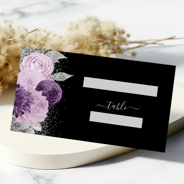 Floral Purple Silver Glitter Black Wedding Place Card (Creator Uploaded)