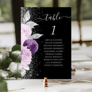 Floral Purple Silver Glitter Black Wedding Table Number