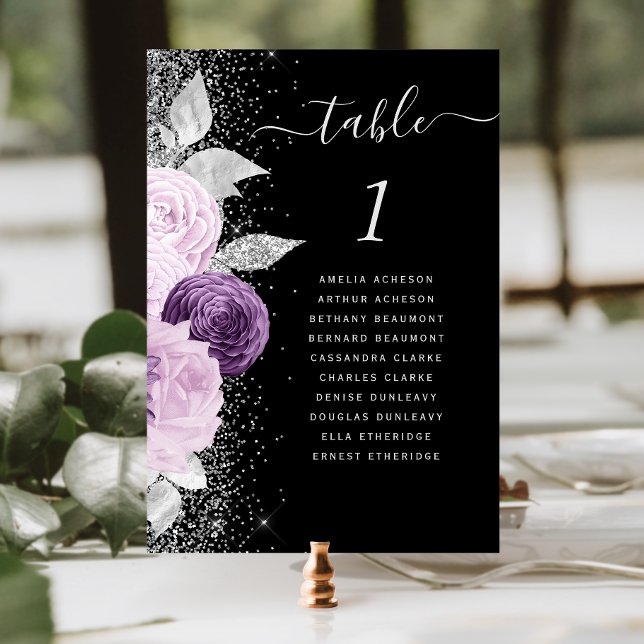 Floral Purple Silver Glitter Black Wedding Table Number (Creator Uploaded)