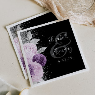 Floral Purple Silver Glitter Script Black Wedding Napkin