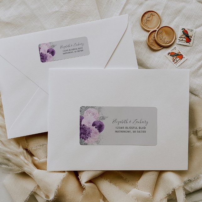 Floral Purple Silver Grey Wedding Return Address Label (Creator Uploaded)