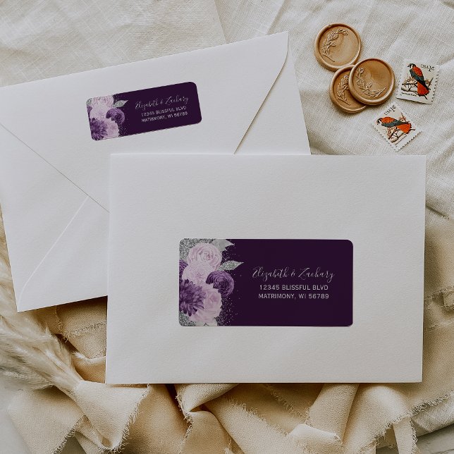 Floral Purple Silver Lilac Wedding Return Address Label (Creator Uploaded)