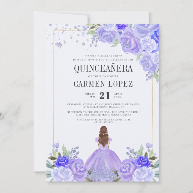 Floral Purple & Silver Princess Tiara Quinceañera Invitation (Front)