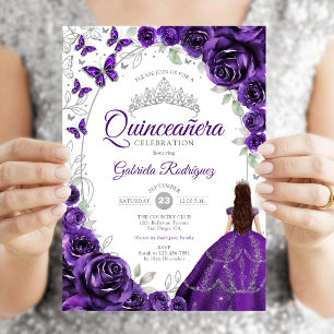 Floral Purple Silver Quinceanera Invitation