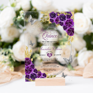 Floral Purple Silver Tiara Butterfly Quinceañera Acrylic Invitations